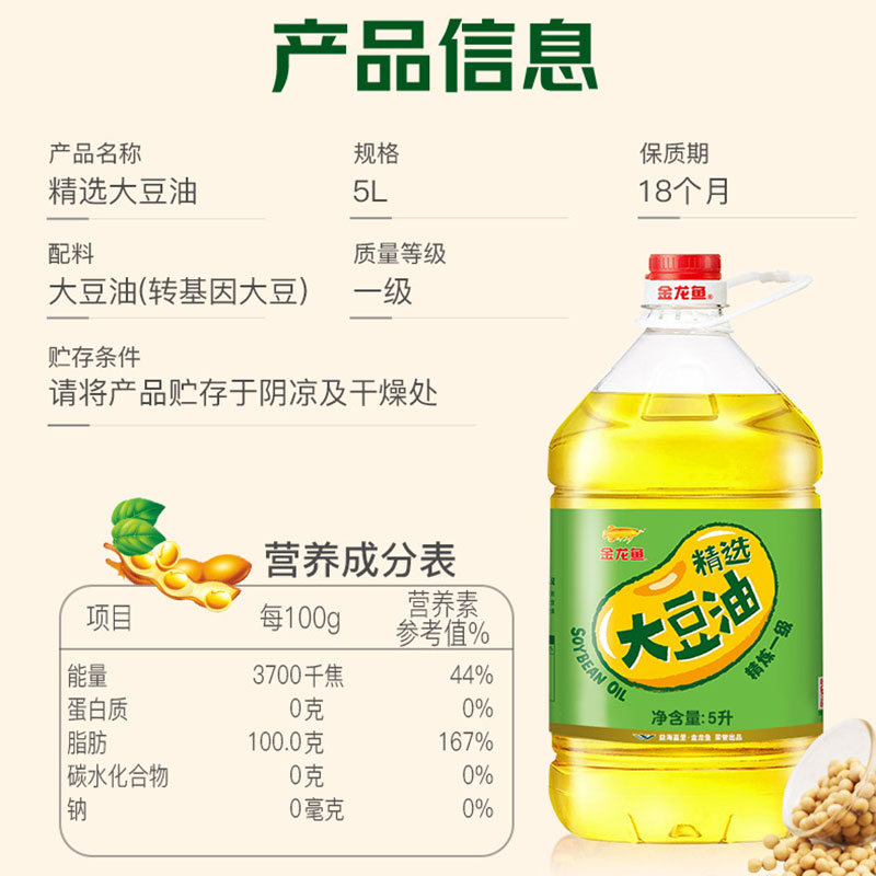 金龙鱼大豆油5L/瓶家用厨房精炼一级大豆油烘焙色拉油烘炒菜高清大图