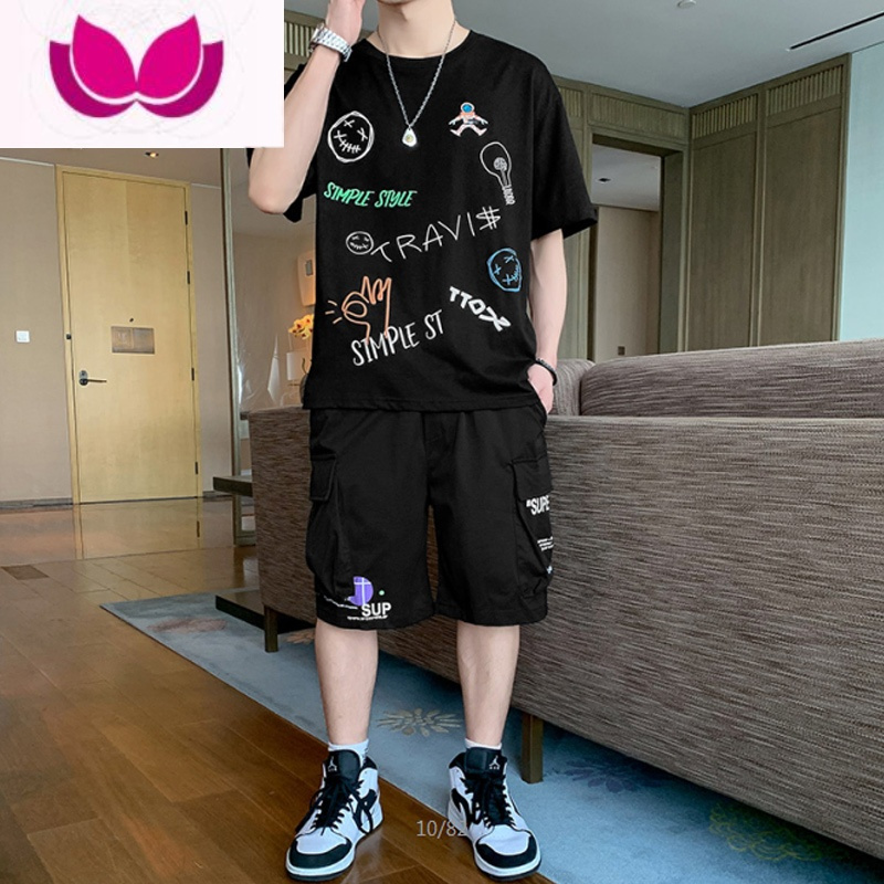 七斓夏季青少年短袖t恤男加肥加大胖子潮流学生肥佬直筒5分裤搭配套装