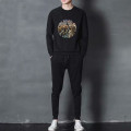 新款男士休闲套装春秋韩版帅气潮流时尚运动印花衣服 纽约黑长袖+纯黑裤 4XL