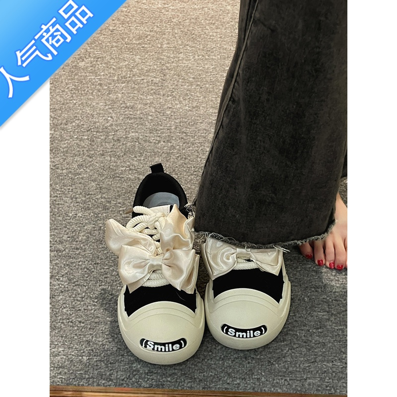 SUNTEK超火开口笑蝴蝶结帆布鞋女2023夏季新款板鞋配裙子小白鞋