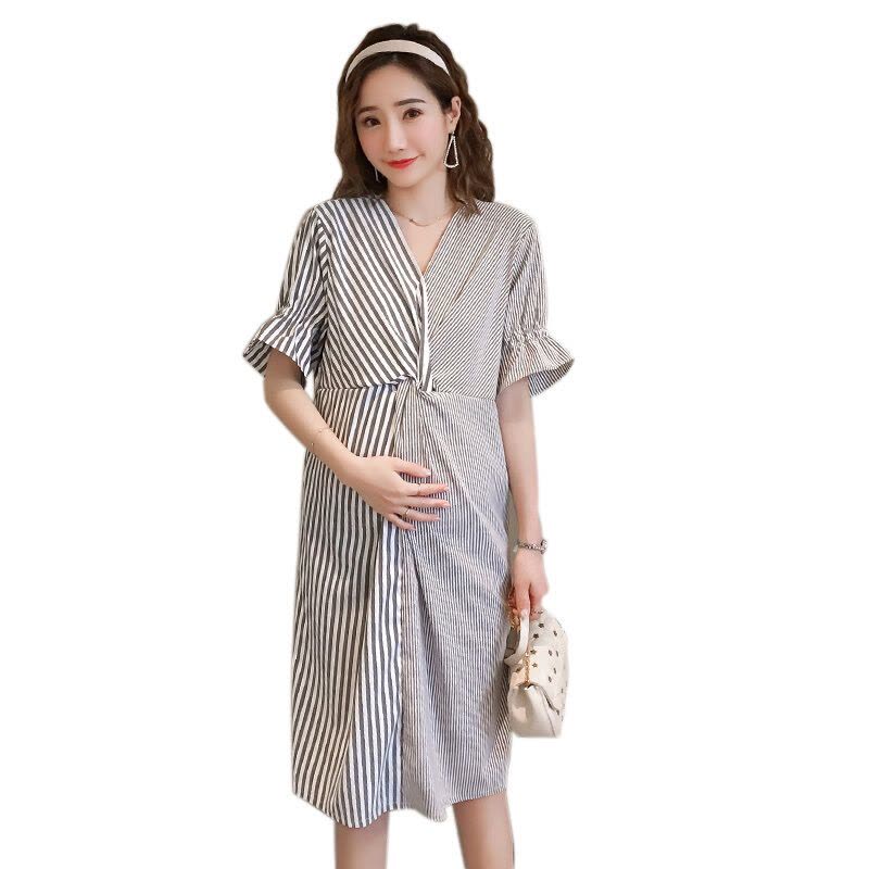 迪鲁奥(DILUAO)2021孕妇夏季短袖连衣裙时尚V领可哺乳衬衫裙辣妈夏季条纹孕妇裙图片