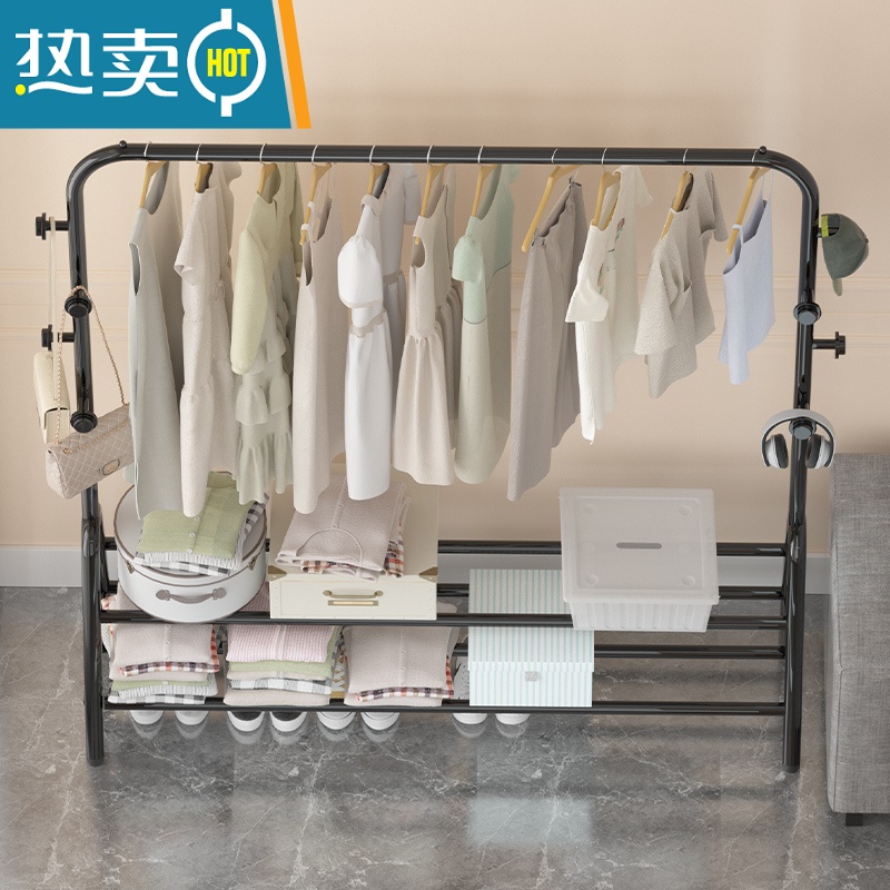 敬平晾衣架落地杆家用卧室晾衣杆折叠挂衣服架子凉衣架晒衣架简易单杆 ⭐️[升级置物]130cm白色8️⃣钩3杆 大高清大图