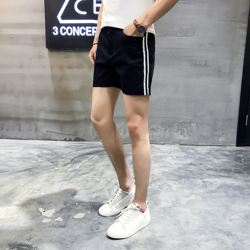 夏款男士纯色修身牛仔短裤撞色织带韩版3分短裤时尚休闲五分裤子