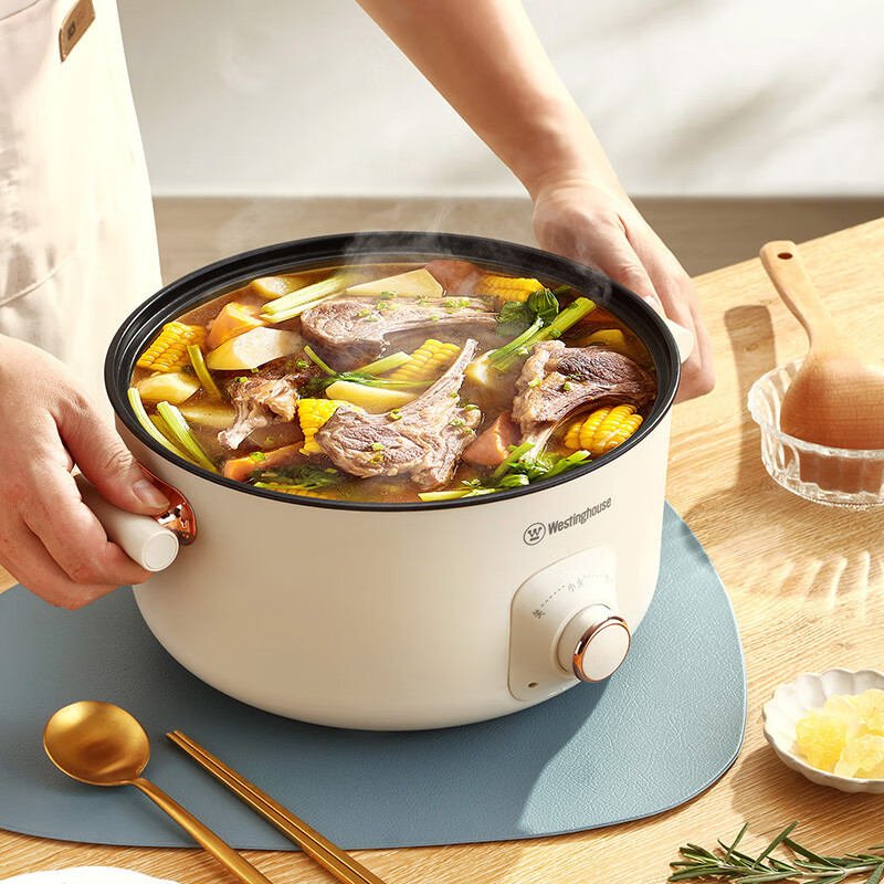 西屋(WESTINGHOUSE) 1200W不粘涂层内胆双层容量5L多功能电火锅 杏仁白 WHG05D高清大图