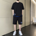啄木鸟冰丝套装男士夏季薄款运动短袖t恤一套搭配五分休闲短裤男 3XL155-180斤可穿 0851黑色