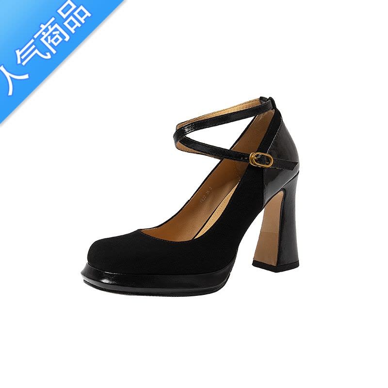 SUNTEK黑色法式复古高跟鞋女粗跟婚鞋玛丽珍2023新款交叉带方头浅口单鞋图片