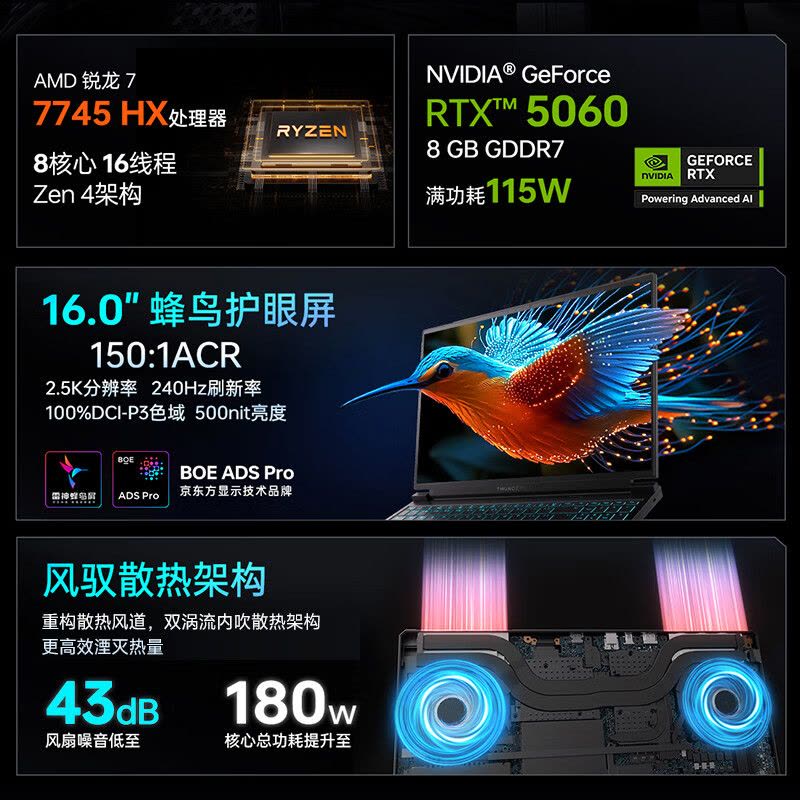 雷神猎刃S [RTX5060]16英寸游戏本学生设计师3D建模AI编程笔记本(R7-7745HX 64G+2TB)定制图片