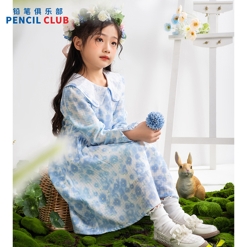 [1件3.5折]铅笔俱乐部2025年春新款女童连衣裙儿童甜美碎花裙中大童长袖裙子