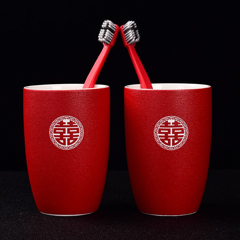 婚庆结婚水杯套装情侣漱口杯子一对创意牙刷杯牙缸红色洗漱杯陪嫁 三维工匠 路宝圆对杯+长方盘+礼盒