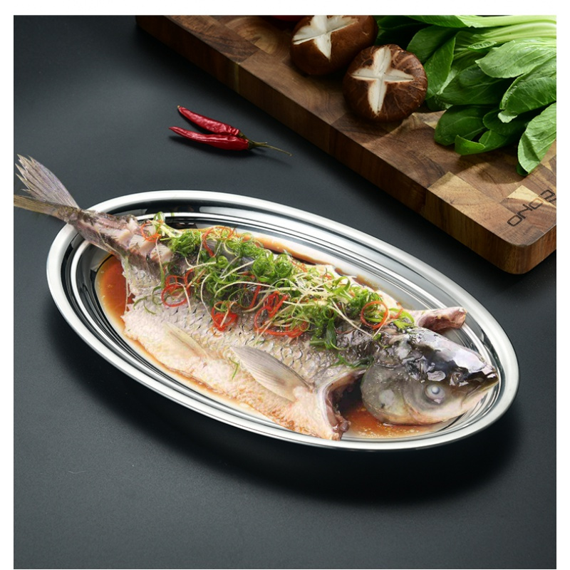 加厚304不锈钢鱼盘家用椭圆形蒸鱼盘菜盘水果盘肠粉蒸盘多用盘子
