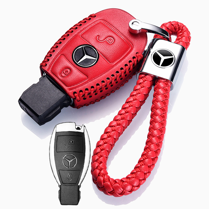 【补贴10%】奔驰C级C200L车钥匙套真皮GLC260 GLA200 GLE320 GLS400钥匙包扣汽车钥匙包 奔驰C款红色+绳（插入式启动二键）半包