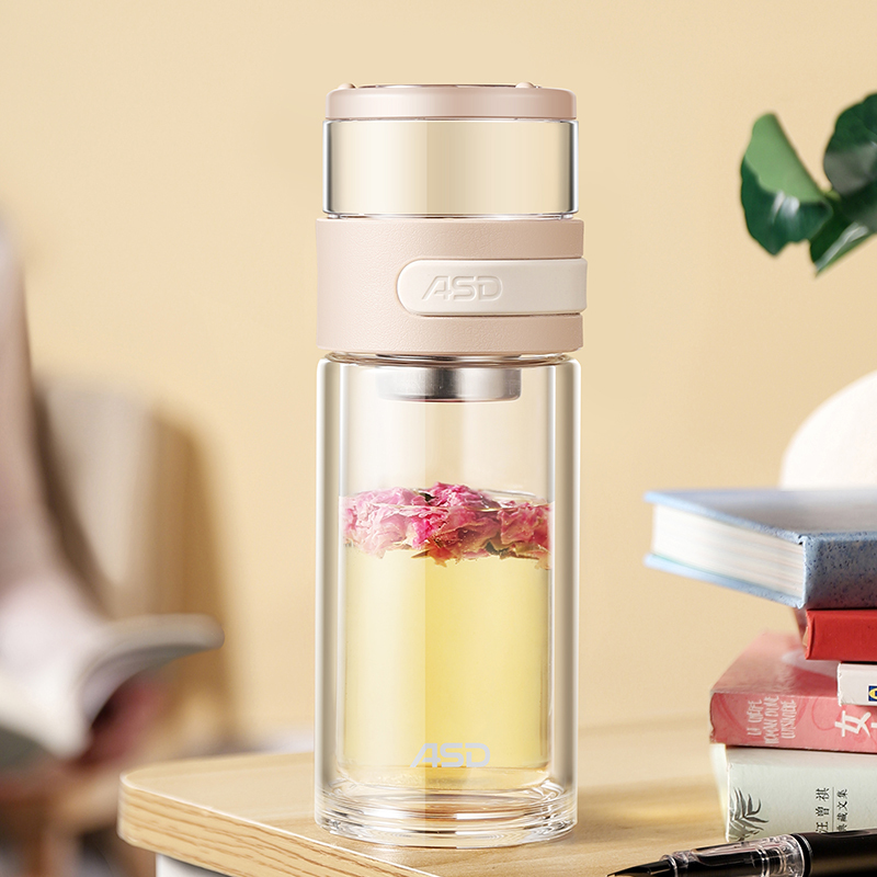 爱仕达 玻璃杯 280ml双层隔热防烫带滤网男女商务泡茶杯子办公水杯