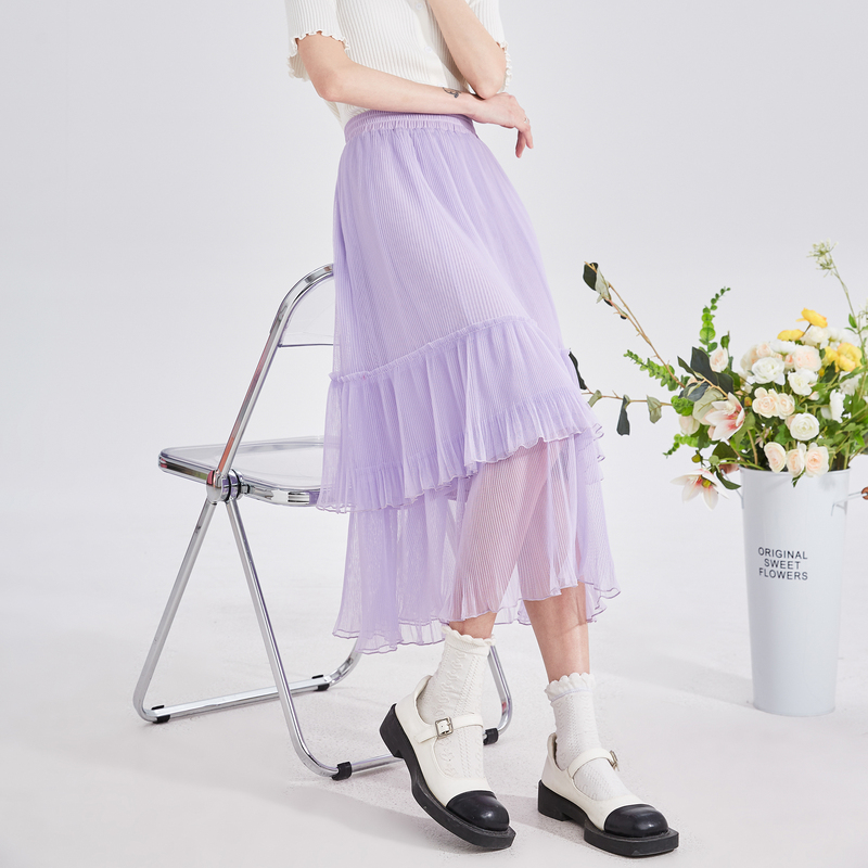 唐狮百褶蛋糕裙女2023新款白色半身长裙女夏高腰a字甜美纱裙百搭_2061 S 浅紫