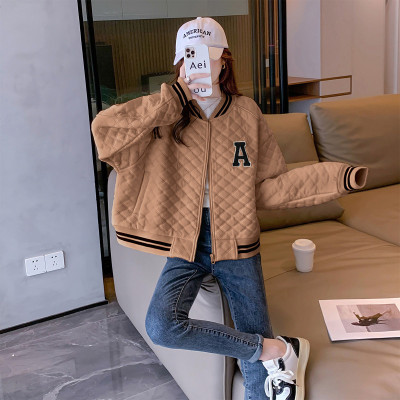 唐狮冬季外套女宽松菱形格棒球服外套短款小众设计感潮