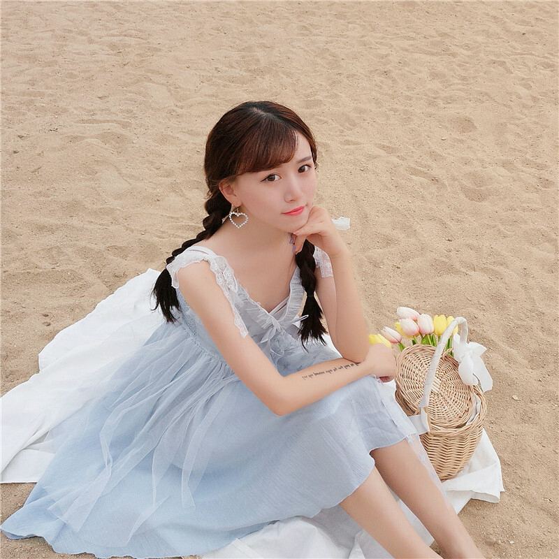 夏装女装韩版甜美可爱小清新星星拼接蝴蝶结显瘦网纱连衣裙子星星连衣裙