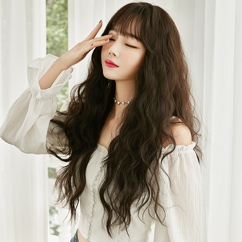 流行韩版长卷发羊毛卷整顶发套空气刘海玉米烫假发全头套黑茶色68cm