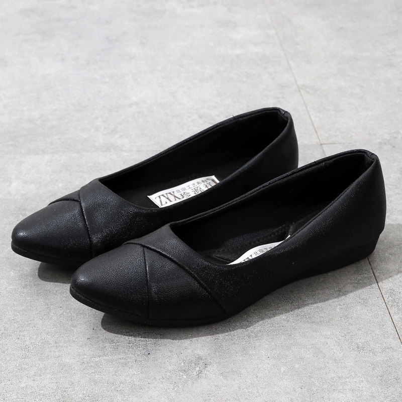 玳恩工作鞋女黑色不累脚牛筋软底女单鞋舒适浅口平底鞋皮鞋职业上班鞋