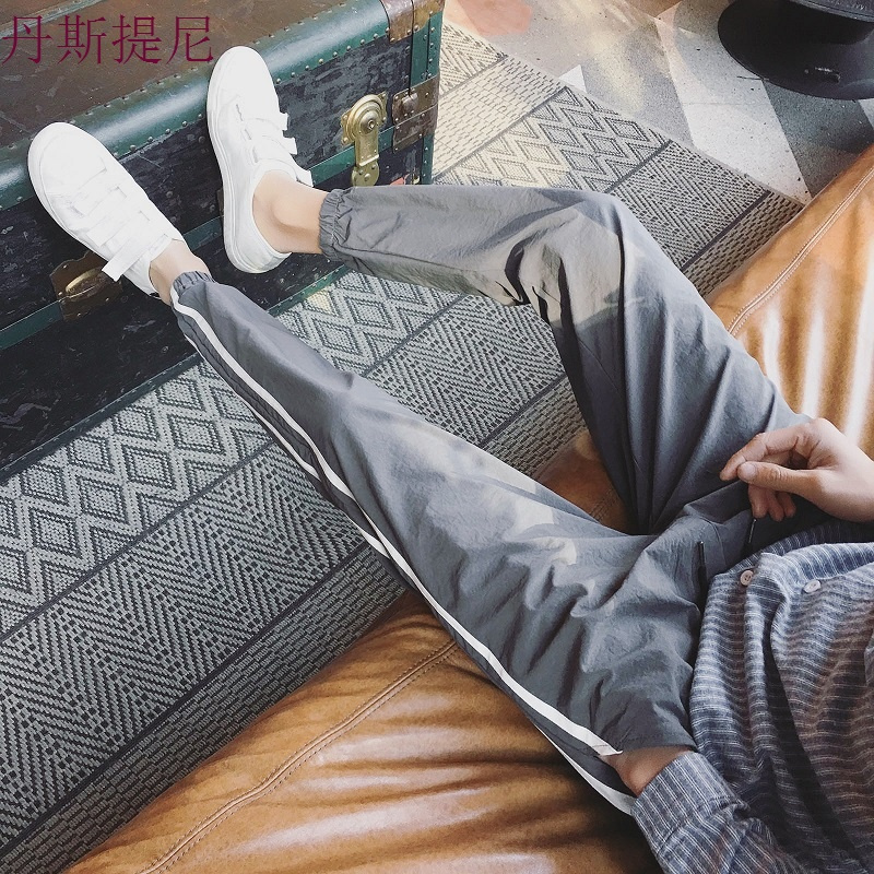 男裤子休闲裤夏季薄款运动裤宽松哈伦裤韩版九分裤ins条纹束脚裤