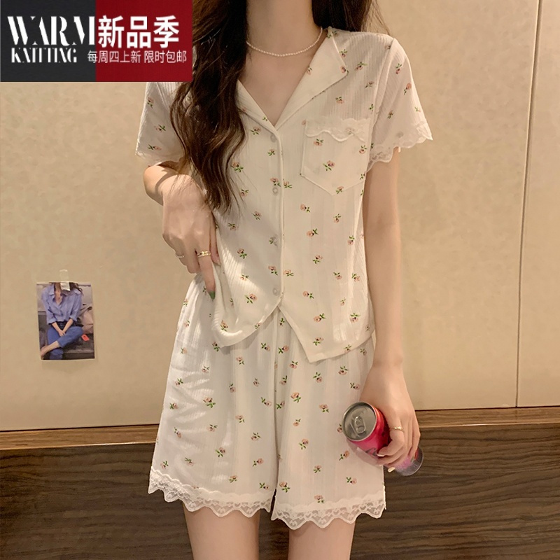 SHANCHAO夏季睡衣女夏款2022年新款网红风夏天女士粉花翻领套装家居服