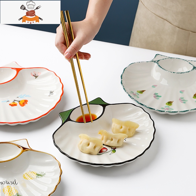 敬平陶瓷饺子盘子带醋碟家用2021新款水饺盘创意奇形碟子分格薯条盘高清大图
