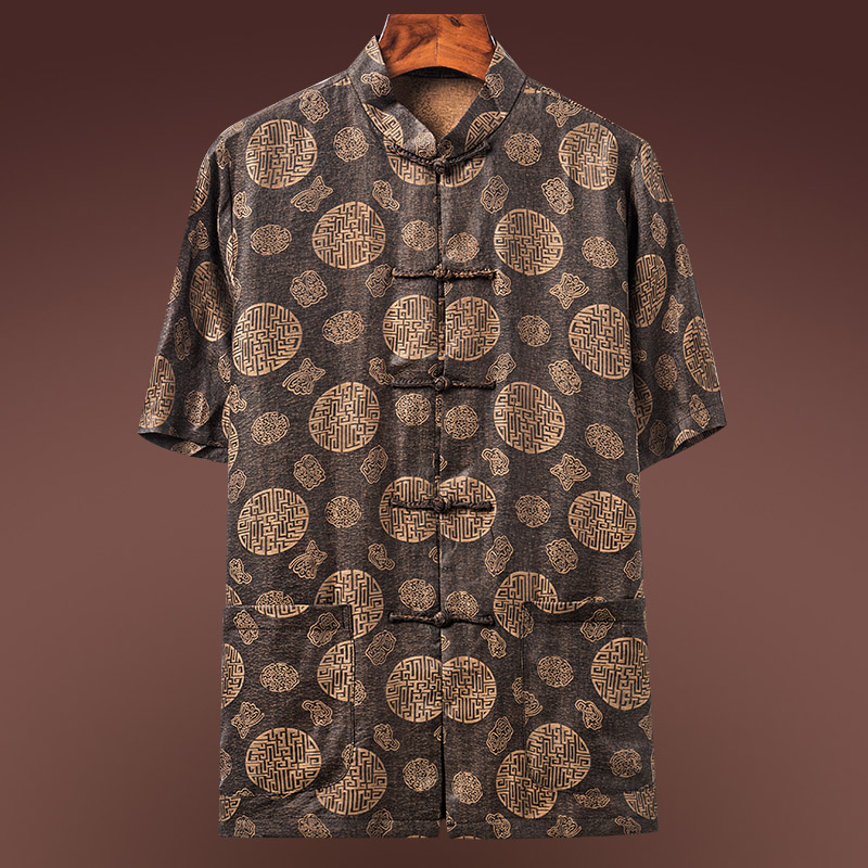 中老年唐装男夏季短袖香云纱真丝桑蚕丝套装情侣装中国风男装上衣参数