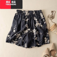 YIBUSHENG重工刺绣苎麻短裤女阔腿裤2023季新款文艺复古高级感棉麻休闲棉 M建议100斤内 黑色100%棉麻-绣花版