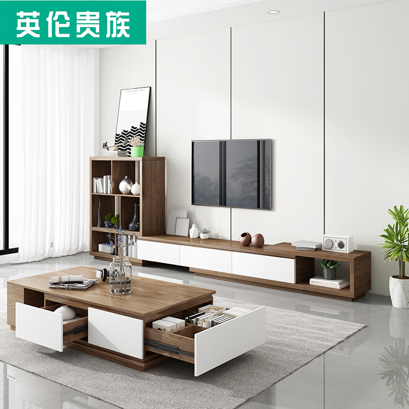 汐岩北欧现代简约茶几电视柜组合伸缩客厅背景墙壁柜中小户型地柜定制高清大图