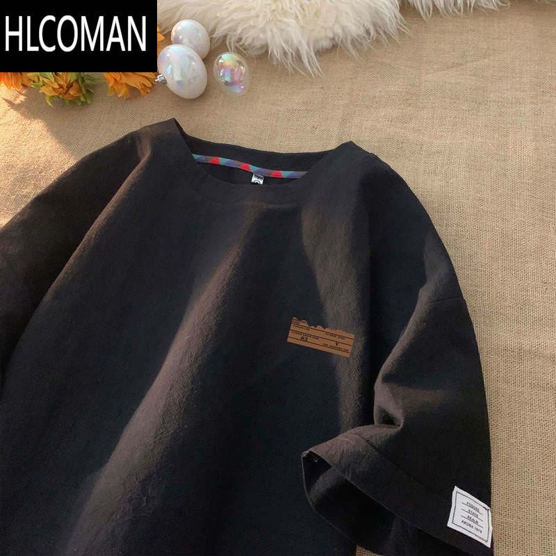 HLCOMAN杏色亚麻半袖速干男t恤棉麻圆领复古宽松短袖上衣服夏青少年图片