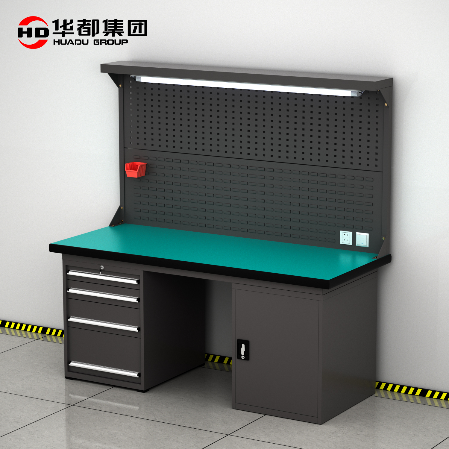 华都HDGJ-132 灰高洞板单门四抽柜1.5米重型工作台华都重型工作台操作台维修工具桌钳工办公桌五金配件桌防静电车间工高清大图