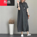 YIBUSHENG洋气宽松棉麻短袖连衣裙女文艺大码减龄显瘦中长款亚麻衬衫长宽 5XL建议190-205斤 深灰色