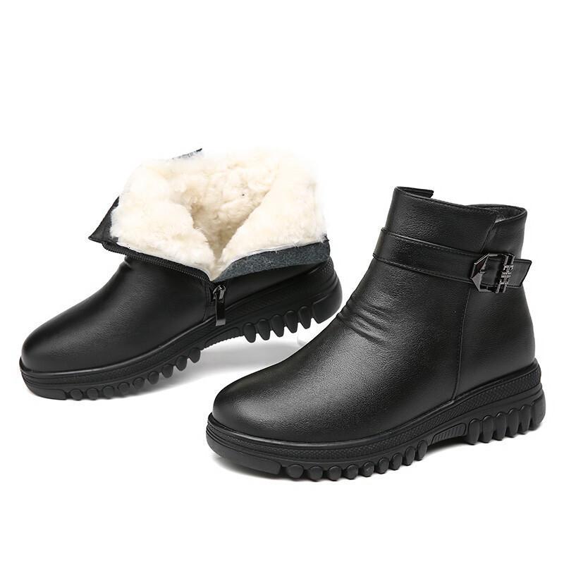 旺奈wangnai冬季中老年棉鞋女羊毛保暖棉靴平底妈妈鞋女士圆头平跟软