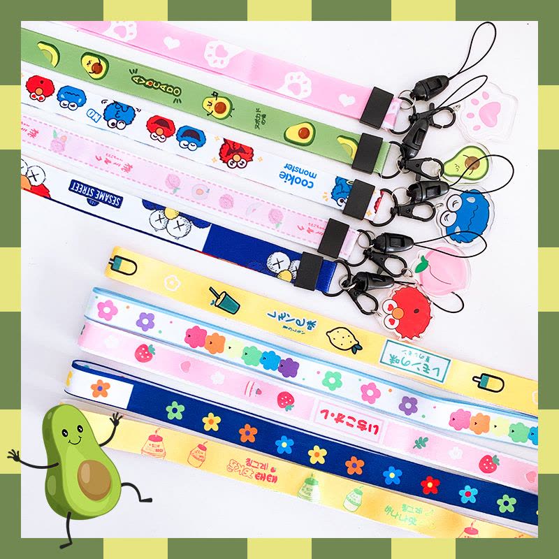 火豹ins花朵手机挂绳挂脖绳手机壳带子卡通可爱网红绿色不勒脖宽挂绳吊坠工作牌学生证U盘钥匙防丢挂件手机链 挂脖绳-草莓图片