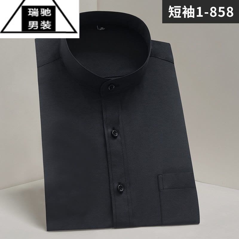 希杰狮王中华立领衬衫男短袖白色商务正装加大中国风中山装圆领半袖衬衣男图片