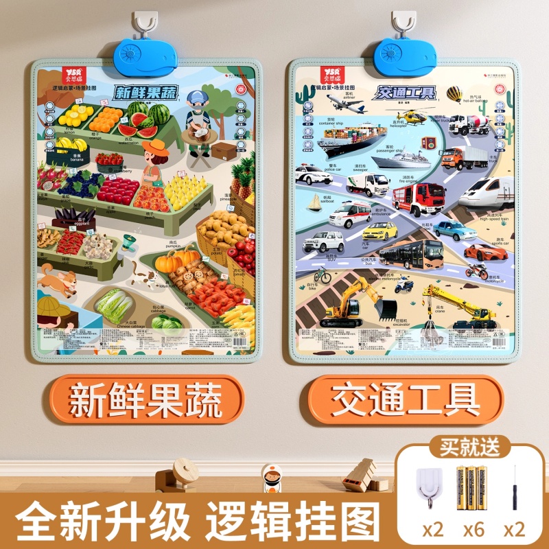 婴儿消耗体力玩具6个月以上宝宝早教有声挂图磨耳朵女孩8益智礼物 2套【果蔬+交通】