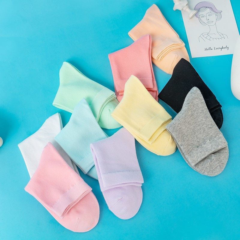 [5-8双]袜子女韩版中筒袜秋冬款纯色棉袜运动长筒袜高清大图