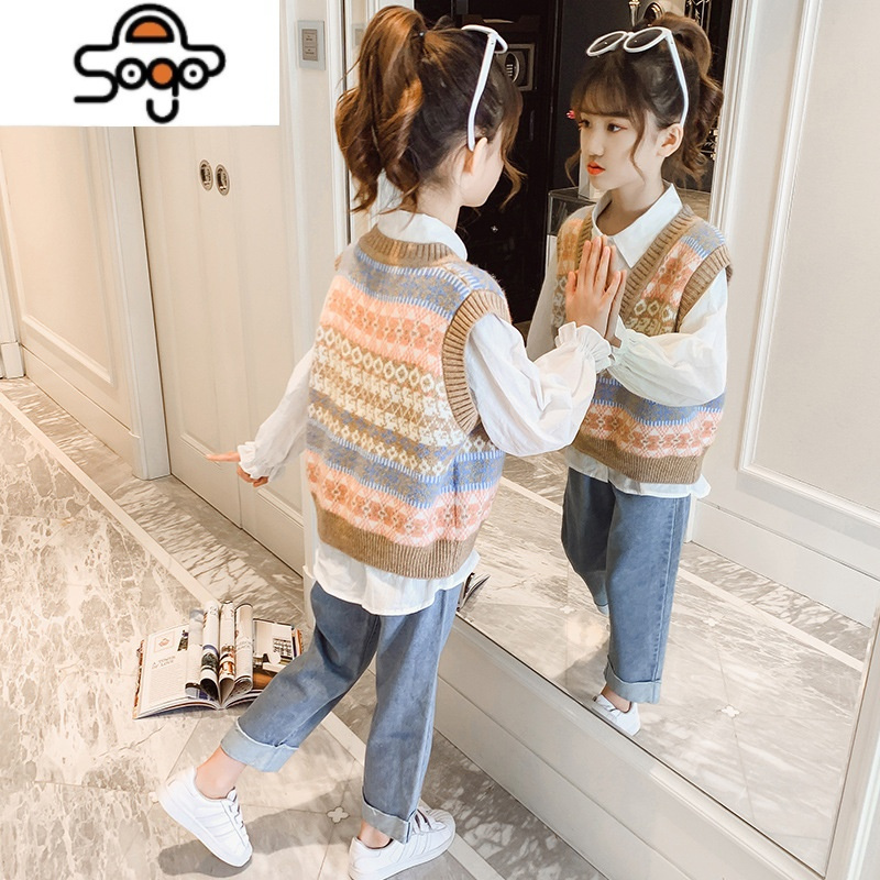 女童秋装套装2022新款女孩洋气时髦三件套儿童装春秋季衣服中大童 七色王国