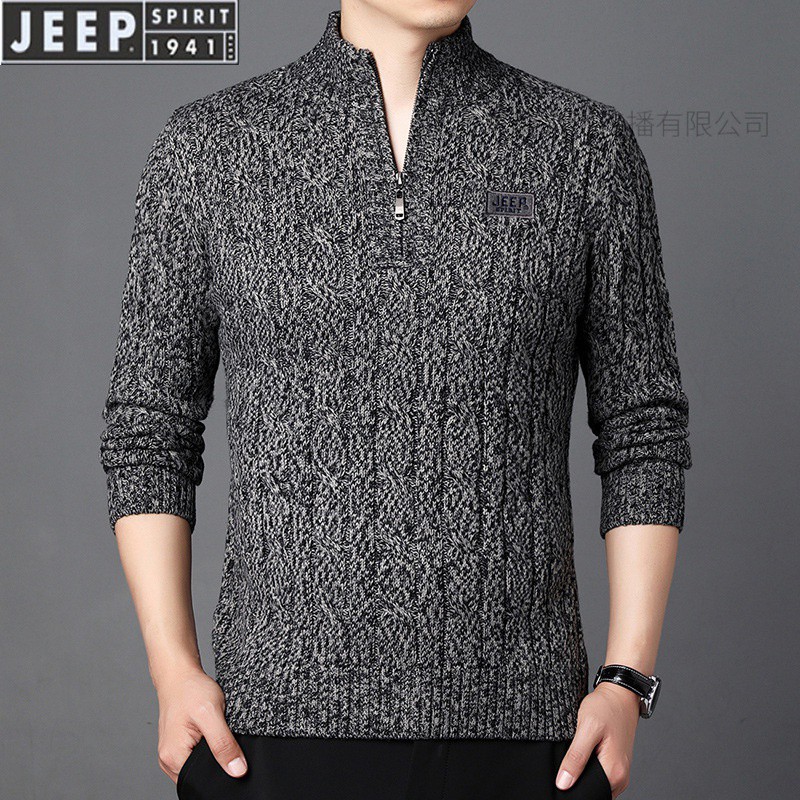 JEEP SPIRIT毛衣冬季新款半拉链加绒加厚保暖针织毛衣男高清大图