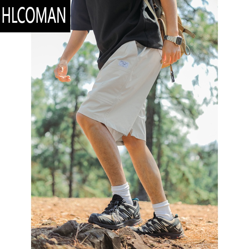 HLCOMAN2025新款日系复古松紧抽绳短裤男生夏季简约贴标宽松运动五分裤子