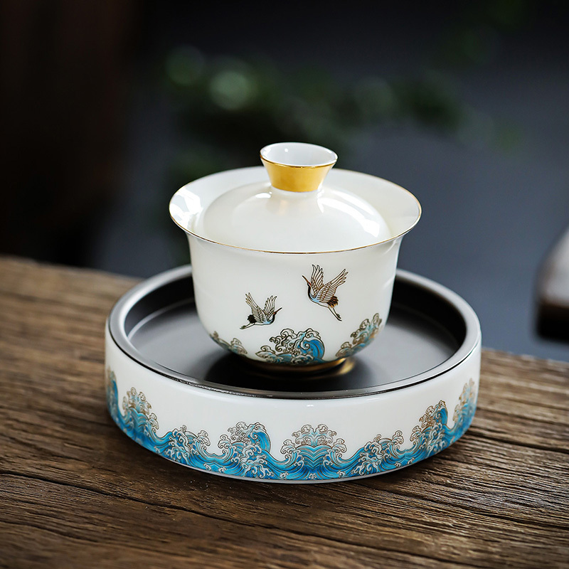 領藝 祥鹤观海轻云盖碗茶杯大号单个陶瓷功夫茶具三才茶碗带壶承 祥鹤观海轻云微月盖碗