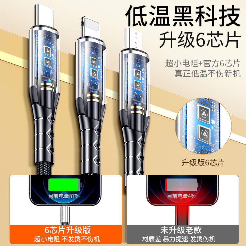 邻家 Type-C一拖三高品质尼龙手机数据线 蓝色1.5米 不伤机 低温快充 一线三用 超级快充 多口快充通用 (1条)