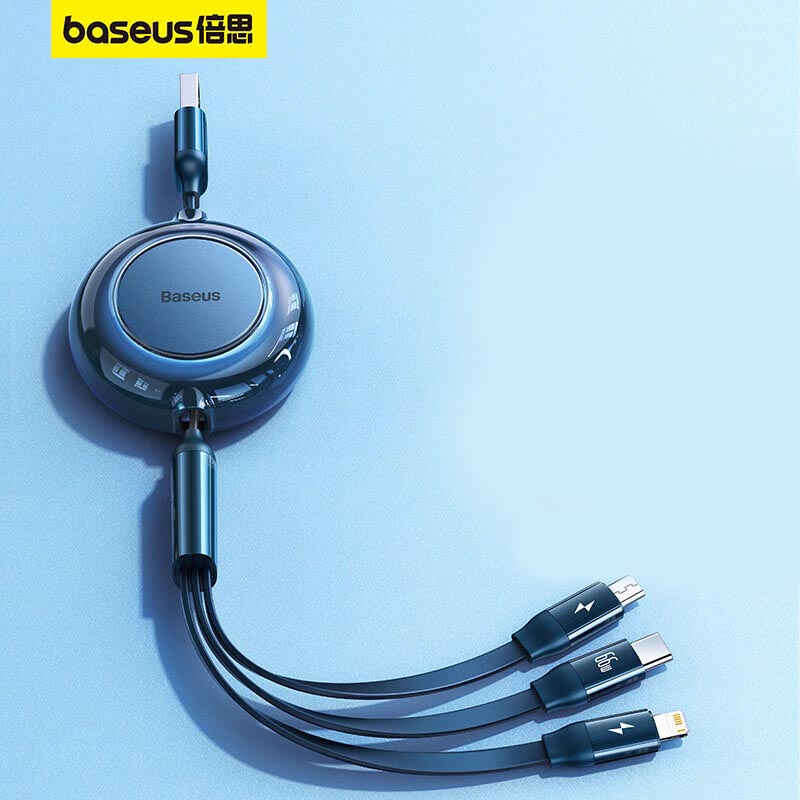 倍思(BASEUS) 明镜系列2 随意拉伸一拖三快充数据线USB to M+L+C 3.5A 1.1m 天蓝色高清大图
