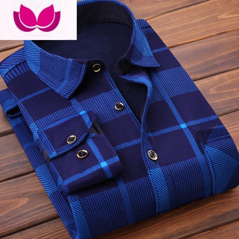 七斓男士保暖衬衫加绒加厚款长袖修身潮格子男装父亲老人花衬衣图片