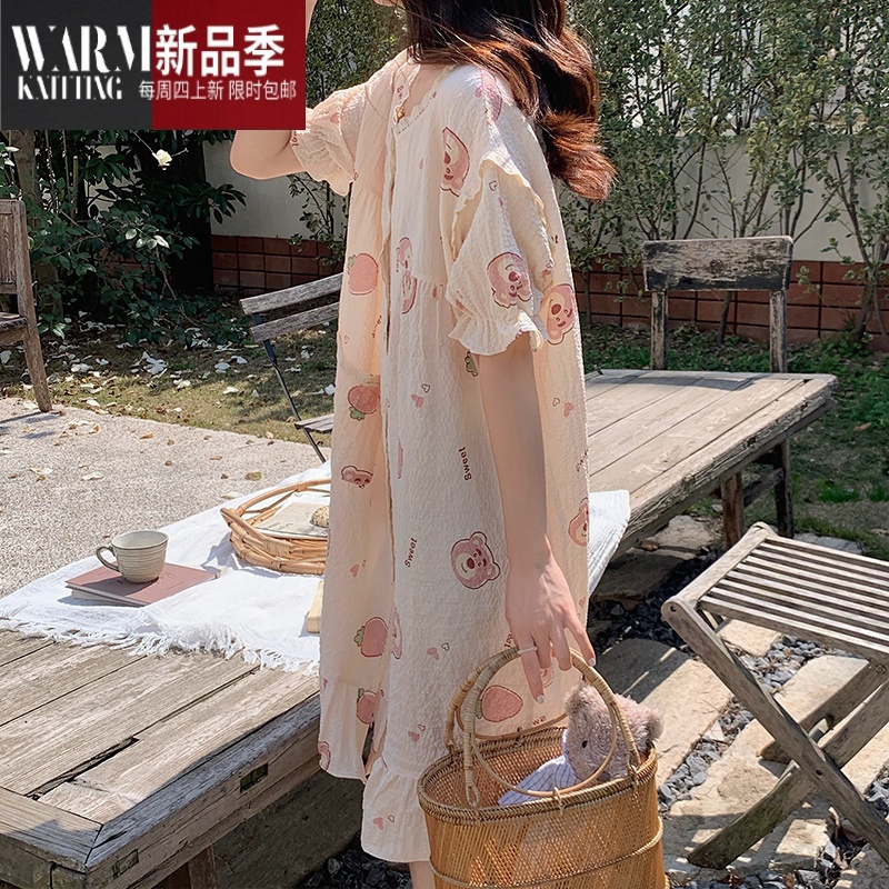 SHANCHAO夏季睡衣女款透气棉纱可爱卡通少女生睡裙甜美高级感家居服连衣裙