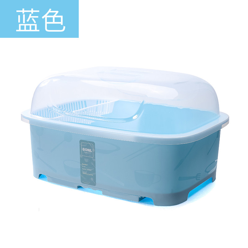 创意装碗筷收纳盒放碗沥水架厨房收纳箱带盖家用置物架塑料碗柜收纳层架三维工匠 蓝色大号