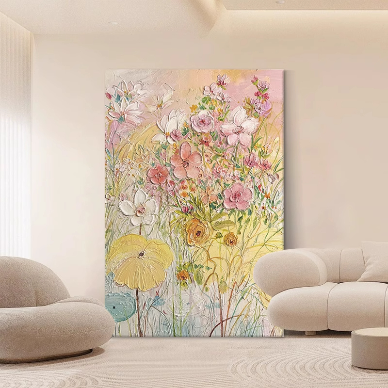 茹洋 新款高级感抽象花卉手绘油画客厅肌理挂画 个高清大图