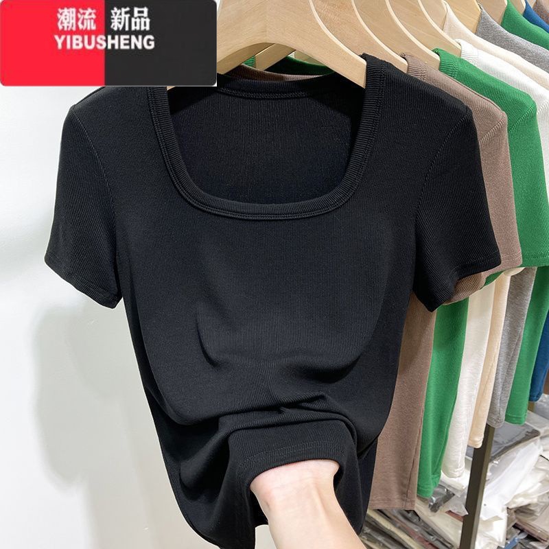 YIBUSHENG大码方领短袖T恤女装微胖mm2024新款低胸露锁骨螺纹体恤u领上衣高清大图