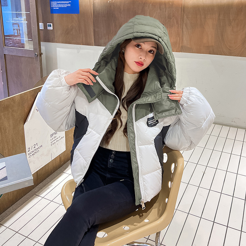 棉服女短款宽松拼接撞色个性保暖棉衣甜酷小个子加厚棉袄外套冬潮高清大图