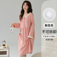 猫人孕妇待产裙春夏睡衣女纯棉月子服进产房睡裙哺乳带胸垫家居服 L【推荐100-120斤】 99106【亲肤纯棉+产检免穿脱】