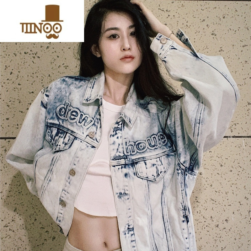YANXU欧美高街潮流漂白笑脸宽松牛仔外套男女网红同款潮牌长袖情侣夹克