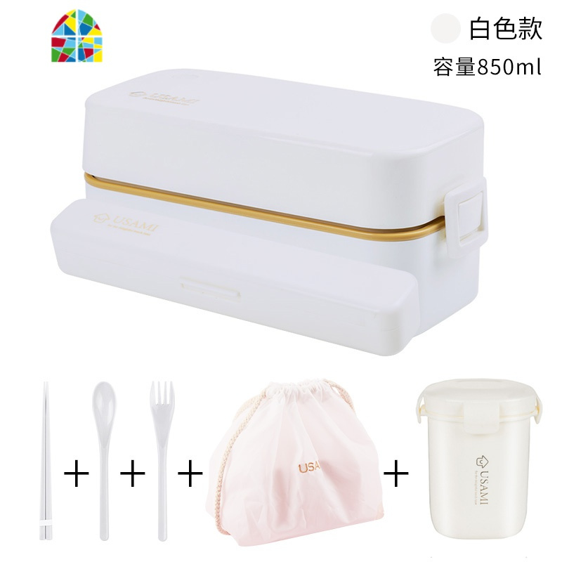 双层饭盒可微波加热便当盒塑料餐盒保温盒大容量保鲜盒 FENGHOU 白色套装饭盒餐具汤罐饭袋